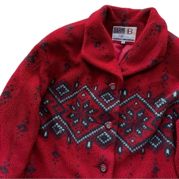 Kristen Blake KB Apres Nordic Fair Isle Fleece Coat Jacket Maroon Red Size M - Picture 3 of 8